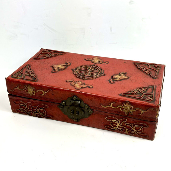 Antique 19th Century Handmade Leather Red Chinese Box Lacquered gold gilt symbol - Picture 1 of 16
